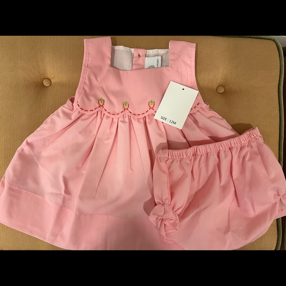 Proper Peony 12 month strawberry dress diaper set